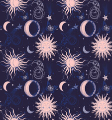 Seamless celestial pattern with sun, moon, stars, and butterflies on a dark blue background, mystical cosmic astrology wallpaper design © Creativezone