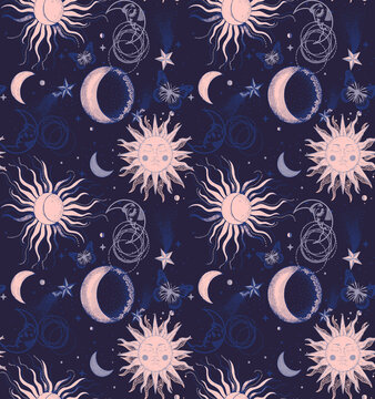 Seamless celestial pattern with sun, moon, stars, and butterflies on a dark blue background, mystical cosmic astrology wallpaper design