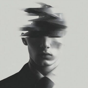 A black-and-white surreal portrait of a man with his upper face distorted and fragmented, creating a glitch-like visual effect.