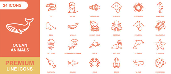 Set of 24 ocean animal line icons, including whale, octopus, seahorse, crab, and jellyfish, presented on a coral and white background grid © Gra-fix PNG