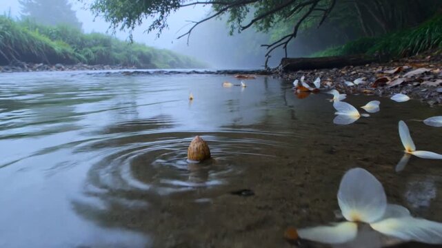 Striking pebble creating ripples, causing cluster of white flower petals bobbing along muddy shore