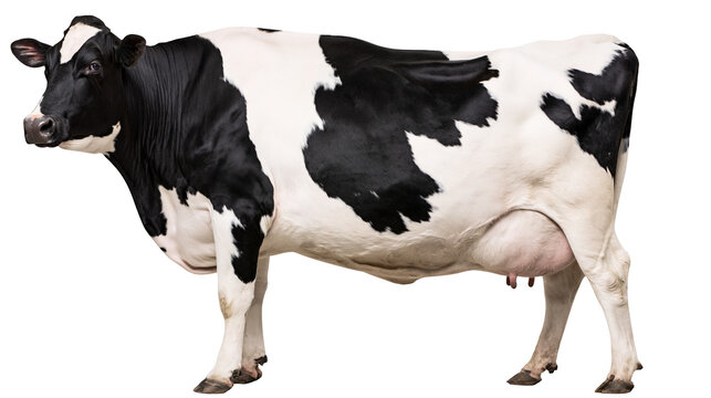 Black and white Holstein Friesian dairy cow standing in profile