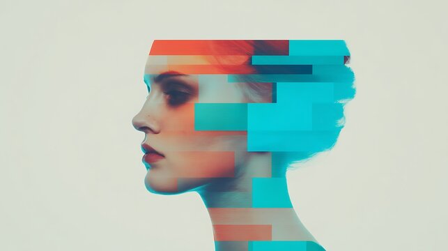 A digital art portrait of a woman"s profile fragmented with colorful pixelated blocks blending into a light background.