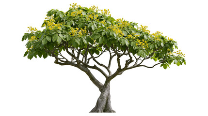 Fototapeta premium Flowering Tabebuia tree with yellow blossoms and textured trunk