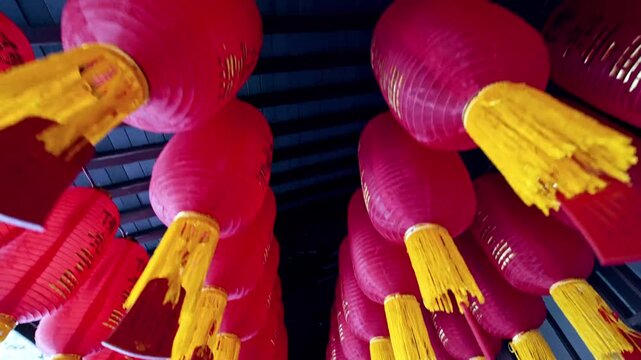 Low angle view of many traditional red lanterns hanging in rows inside Chinese temple architecture.