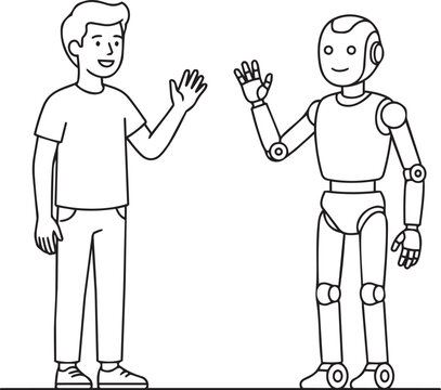 Young man waving hello to a friendly robot
