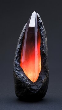 Dark stone geode with glowing red crystal interior.