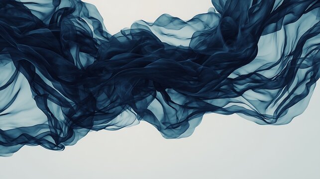 Abstract dark blue translucent fabric flowing gracefully against a light background, creating a sense of movement and fluidity.