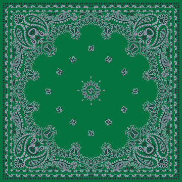 Traditional green bandana print with intricate paisley pattern and floral motifs
