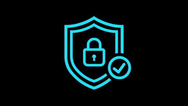 Animated security shield icon animation with locked padlock on black background. Security Protection Account animation. Data Security Icon motion. Lock and Safe animation.