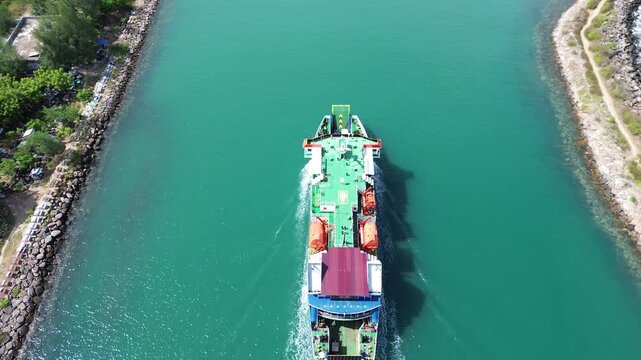 Ferry boat is approaching Port of Ulee Lheue in Banda Aceh coming from Balohan Port in Weh Island, Sabang. Acehhebat 2 or KMP Aceh Hebat 2, a passenger boat.