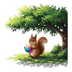 Naklejka premium Cute squirrel holding a colorful easter egg under a lush green tree on a sunny day