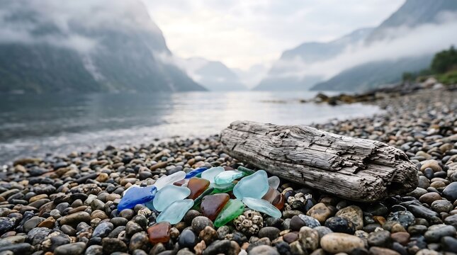 Colorful sea glass pieces scattered on rocky beach with driftwood and misty fjords view.