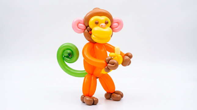  cartoon of happy monkey made with colorful balloon, for kids fun, party, decoration related concept, white background, copy space