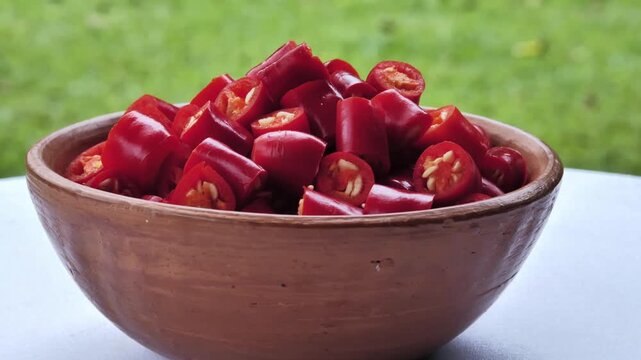 Sliced fresh red chili peppers in a bowl