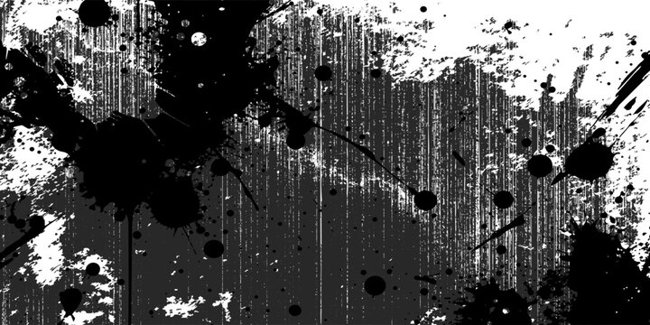 An abstract grunge black background featuring a vintage ink splat design with a rough textured paint border and dirty splatter elements on an old paper vector illustration