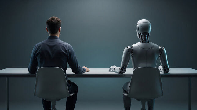 Human and AI robot sitting together at a desk representing future workforce collaboration and technological integration in corporate business
