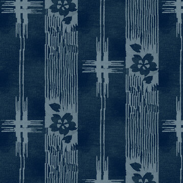 Traditional japanese indigo blue textile pattern with vertical stripes, abstract floral motifs, and crosshatch textures, reminiscent of vintage kasuri fabric