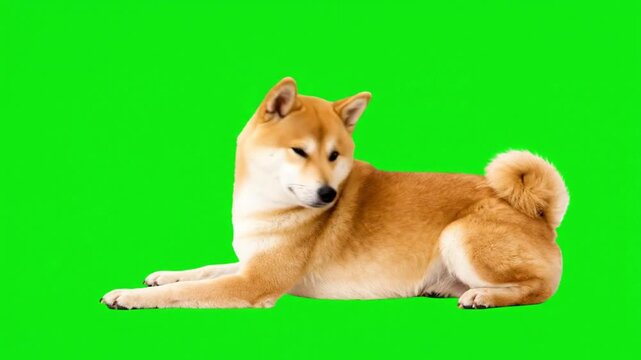 Shiba Inu dog lying down and looking around on a green screen chroma key background