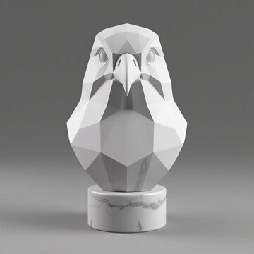 Minimalist geometric marble falcon bust, Low-poly white marble bird of prey statue, Abstract eagle hawk head sculpture