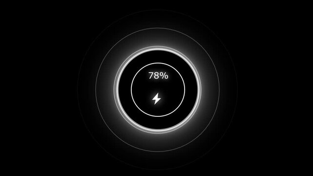 Neon loading animation counting from 0 to 86%, featuring a glowing green circle, and a charging connector on black background. Charging screen 86% percent, screen call phone display charging battery.