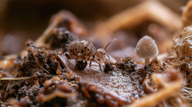Springtail insect crawling on moist forest soil near a tiny mushroom