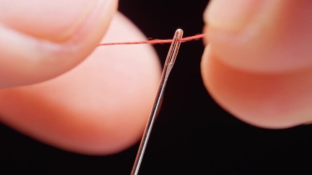 Red Thread Passes Through a Metal Needle Eye Against a Black Background, Macro View of Precision Sewing and Care