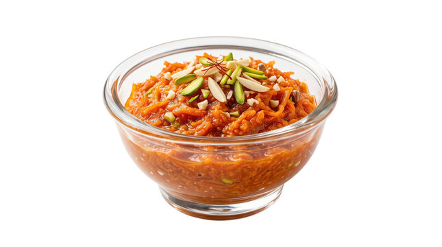 Gajar ka Halwa in glass bowl, traditional Indian carrot pudding with nuts, sweet orange dessert isolated on white background