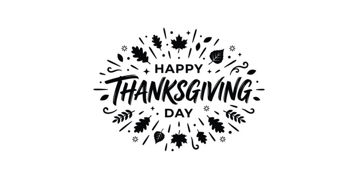 Decorative happy thanksgiving day typography design with black autumn leaves and botanical elements on a white background