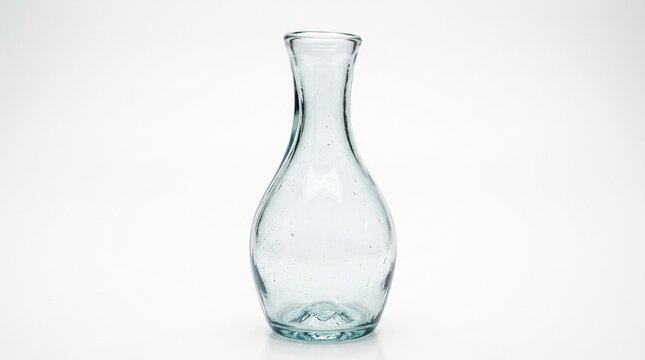 Glass carafe bottle empty standing upright on a clean plain white background surface