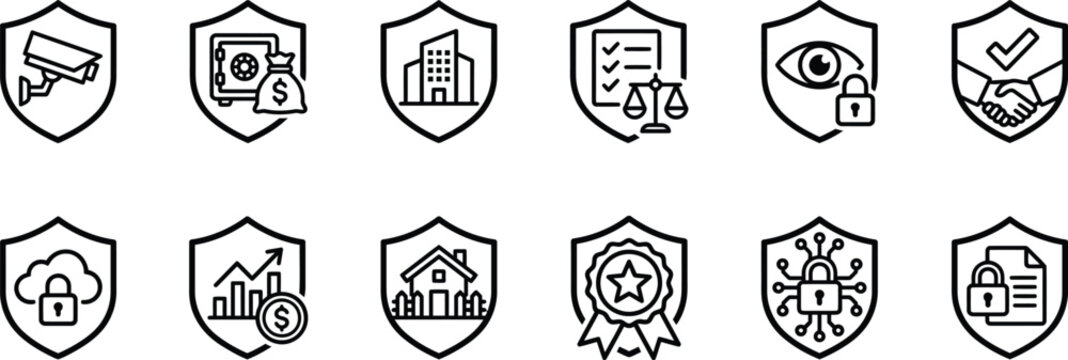 Security shield line icon set for data protection and cyber privacy