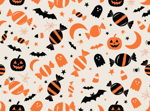 Halloween seamless pattern with orange candy and pumpkins. Spooky holiday background with bats and ghosts. Festive vector wallpaper.