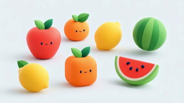 Adorable kawaii fruit characters, including an apple, orange, lemon, and watermelon, joyfully dancing and wiggling in a charming stop motion animation isolated on a clean white background