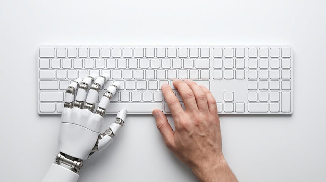 Top down view of human and robot hand typing together on white keyboard illustrating hybrid workforce and advanced human computer interaction