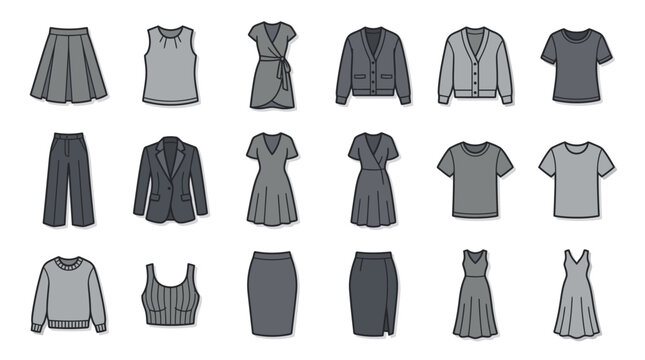 Collection of various women clothing flat icons.