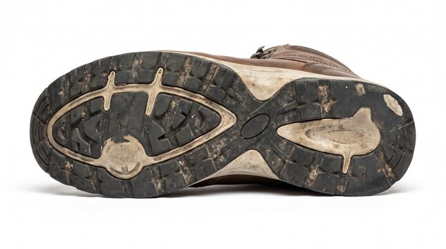 Muddy hiking boot sole closeup showing worn tread pattern and rubber grip texture isolated