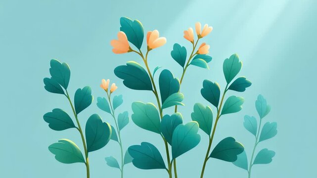 Beautiful illustrated plants with orange blossoms and green leaves swaying gently against a soft teal background, with delicate rays of light shining down from the upper right corner