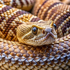 Fototapeta premium Close-up of a venomous snake with intricate patterns in a natural habitat. Detailed view of the snake's head and scales. showcasing its unique textures and colors.