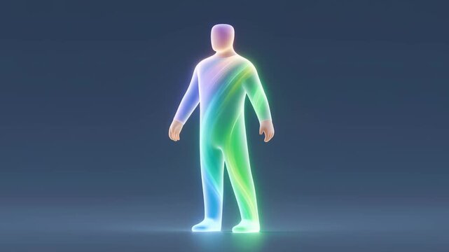 Colorful conceptual animation showing a humanoid figure rotating on a dark background. The glowing, iridescent body represents concepts like spirituality, digital self, and virtual existence