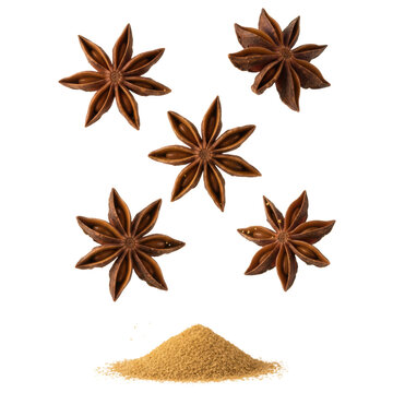 Dried whole star anise pods and golden spice powder floating in mid-air against a white background, captured in a dynamic culinary explosion of aromatic warmth