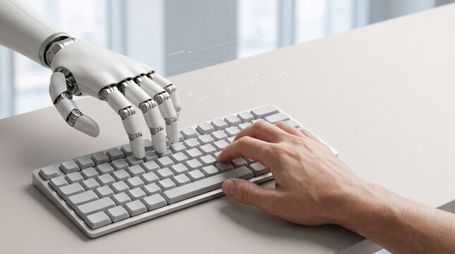Advanced technology workplace showing robotic and human hands collaborating on keyboard with digital HUD elements for software development