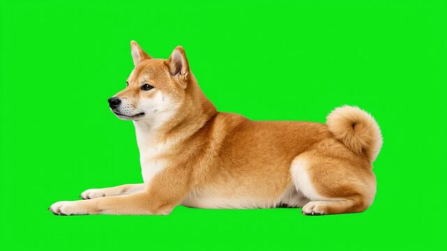 Shiba inu dog lying down and looking around on a green screen chroma key background