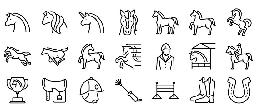 Horse Riding and Equestrian Sport Line Icon Set. Horse Racing Equipment and Riding Gear Vector Illustration.