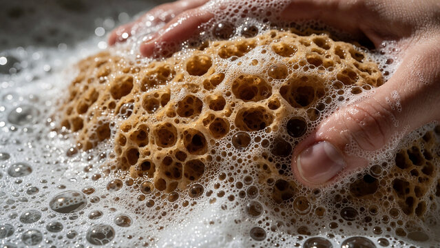 Hand squeezing wet sea sponge