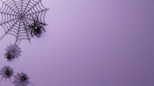 Decorative black spiders and web corner on purple background with black spider flat lay halloween decoration celebration seasonal copy space background template greeting invitation top view