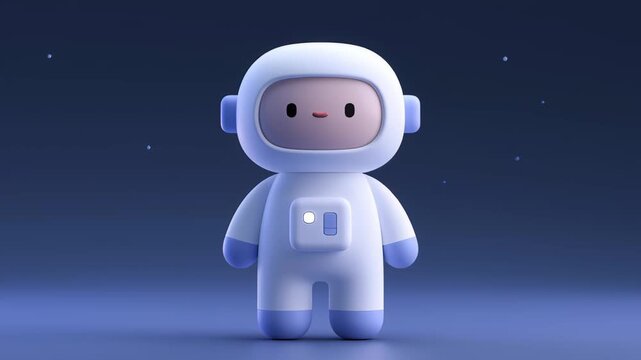 Adorable 3d cartoon astronaut in a spacesuit floating up and down against a starry night sky. Seamless looping animation of a cute character exploring the cosmos with changing expressions