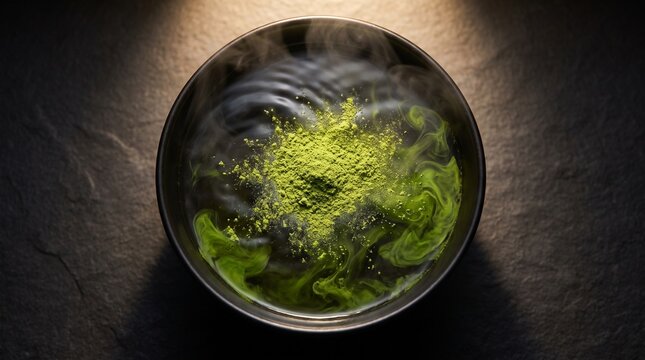 Matcha green tea powder dissolving in hot water inside a traditional bowl