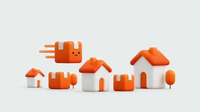 Cute cartoon cardboard box character flies over a tiny neighborhood delivering packages, symbolizing fast, efficient home delivery and express shipping for online orders and logistics