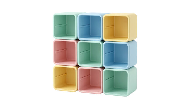 Pastel modular storage cubes, colorful plastic organizer boxes set, minimalist 3x3 grid shelving unit for home office
