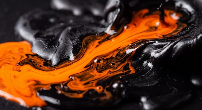 Abstract macro liquid texture of glossy black and bright orange paint swirling together to create organic pattern for artistic designs